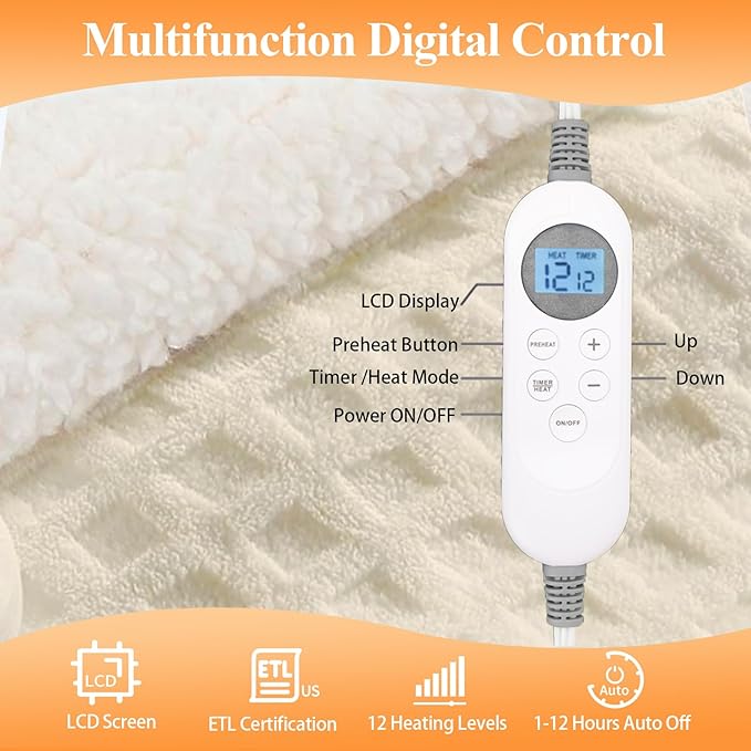 Heated Blanket Electric Throw, 50"X60" Heating Blanket with 12 Heat Levels, Fast Heating Blanket with 1-12 Timer Settings, Overheat Protection with ETL & FCC for Bed Home Office Sofa (Milky White)