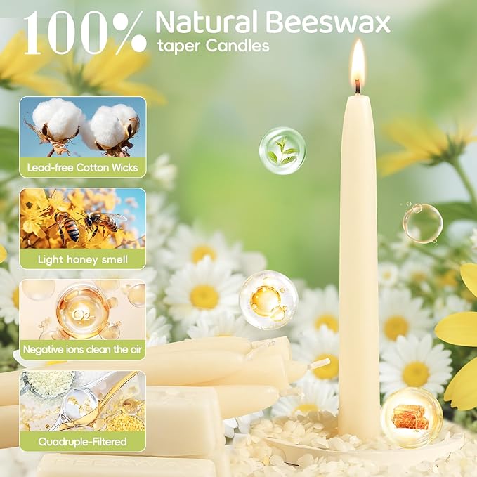 30 Pack Beeswax Taper Candles in Bulk 8 inch Tall - All Natural White Beeswax Candle Sticks,100% Pure Unscented Bee Wax Candle for Home, Dripless, 8 Hours Long Burning Time