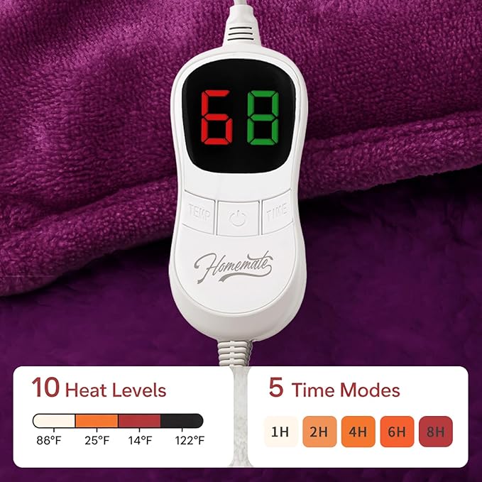 Homemate Heated Weighted Blanket for Adults - 50"x60" 12lbs Electric Throw Fast Heating Heavy Blanket 1/2/4/6/8 Hour Auto Off 10 Heat Levels Over-Heat Protection Comfortable Flannel Sherpa