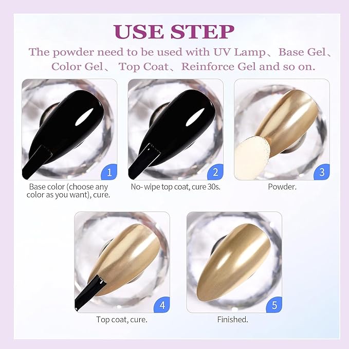 Chrome Nail Powder, 12 Colors Metallic Mirror Powder Gold Silver Blue Purple Red Pink Brown Nail Art Decoration Glitter for DIY Nail Supplies, 1g/Jar, 12 Sponge Sticks