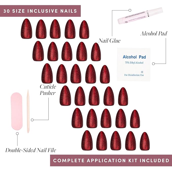 Glamnetic Press On Nails - Ruby Slipper | Deep Red Sparkly Short Almond Fake Nails with a Velvet Finish, Salon Quality | 15 Sizes - 30 Nail Kit with Glue