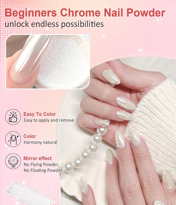 Gold Chrome Nail Powder BISHENGYF -【Magic Mirror Effect】 Pearl Chrome Nail Powder White Clear Aurora Mermaid Iridescent Nail Chrome Powder Pigment Glitter Dust for Manicure Decoation DIY
