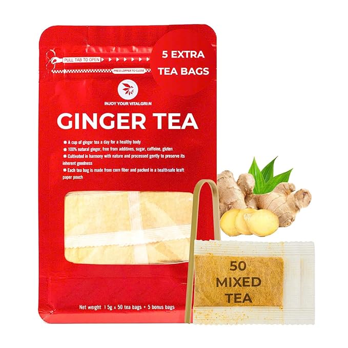 Ginger Tea Bags - 55 Count (+5 Tea Bags) Bamboo Tong Included - 4.16 oz, Re-Steep Herbal Tea Blend, Stimulates Appetite, Promotes Healthy Digestion & Boosts Immunity