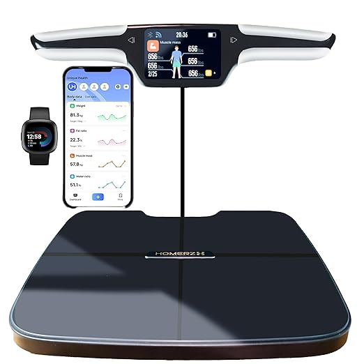 Homerz Body Fat Scale – Smart Scale with BMI, Body Fat, Muscle Mass, Full Body Composition Scale with Body Fat Analysis, Body Scan Scale with Handle, Body Scanner, Biometric Analyzer