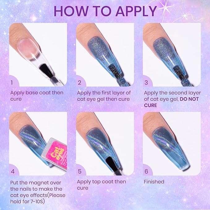 Rainbow Cat Eye Nail Gel Polish Set, Sparkle Holographic 9D Cateye Nail Polish Gels Magnetic Gel Soak Off Lamp Gels Varnish Nail Salon Kit (0.24fl oz)
