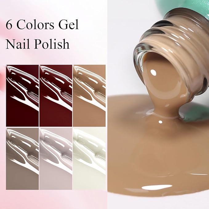 10ml Hema Free Fall Gel Nail Polish Set 6 Colors Beige Brown Nude Chocolate Gel Nail Polish Kit Soak Off Nail Art Salon Home DIY Gift for Women