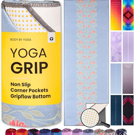 Yoga Grip Yoga Towel - Non Slip Hot Yoga Mat Towel With Corner Pockets, No-Skid Grip, and Built-in Alignment Lines | Soft, Moisture Wicking, and Sweat Absorbent | No Bunching, Stays in Place 72" x 25"