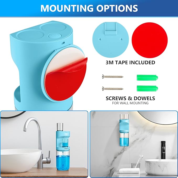 Automatic Mouthwash Dispenser for Bathroom,Bathroom Accessories 19.4 Fl Oz Dispensers with Magnetic Cups,Wall Mounted Dispenser,Suitable for All Age Groups,Blue