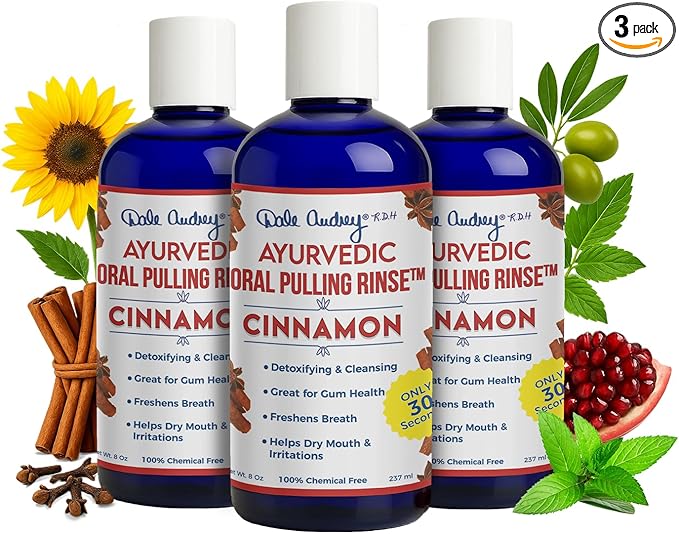 Pack of 3 Ayurvedic Organic Oil Pulling for Teeth & Gums | Natural Cinnamon Flavored Oral Rinse Mouthwash | Essential Oils for Healthy Gums & Bad Breath | Teeth Whitening & Fresh Breath-8 FL Oz