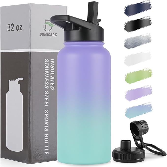 DOMICARE 32 oz Insulated Water Bottle, Vacuum Insulated Stainless Steel Sports Water Bottle with Straw Lid & Spout Lid, Leakproof, Reusable - Travel, Camping, Bike, Purple Green Gradient