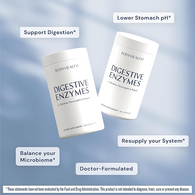 BodyHealth Digestive Enzymes Full Spectrum Digestive Support (180 caps), Betaine, Pepsin, Pancreatin BPP Loaded with Enzymes and Probiotics, Relief for Stomach Bloating, Heartburn, Gas, Constipation