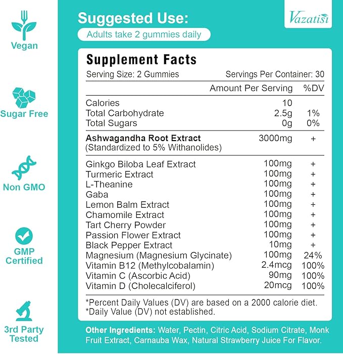 Ashwagandha Gummies with Turmeric GABA Mood Energy and Immune Support, Strawberry Flavor 60 Cts