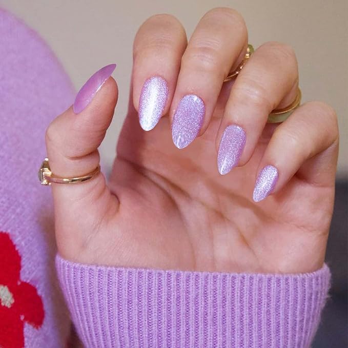 GLAMERMAID Pure Purple Magnet Cat Eyes Press on Nails Short Almond, Handmade Jelly Gel Fake Nail Kits, Ombre Glitter Magnetic Glue on Nail Stiletto，Aurora Medium Oval Stick on False Nail Set for Women