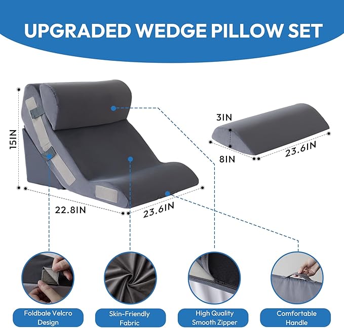 4PCS Orthopedic Bed Wedge Pillow Set for Sleeping, Sitting up in Bed, 6-in-1 Foam Wedge Pillow for Acid Reflux & Back Pain Relief, Post Surgery Pillows for GERD & Snoring, Plush Grey
