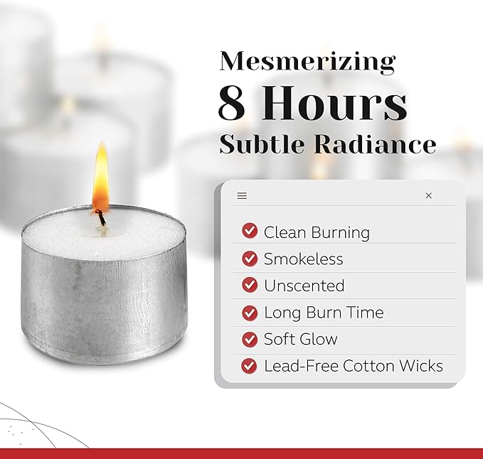 Tea Light Candles in Metal Cups - 8 Hours Clean, Long Burning White Unscented - 250 Votive Candles Bulk for Romantic Dinner, Wedding, Spa & Hotels by PARNOO