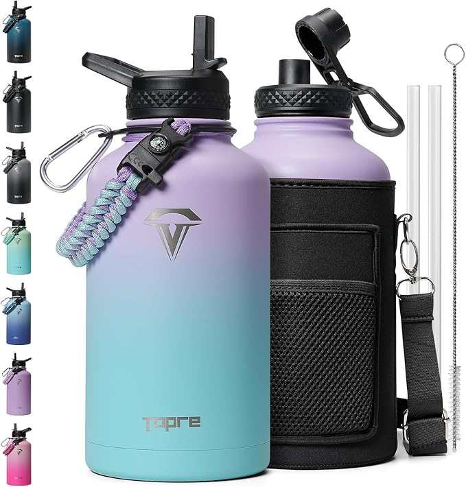 Insulated Water Bottle 64oz,Half Gallon Water Flask Stainless Steel, Cold for 48 Hrs,BPA-Free & Leakproof -with Paracord Handle, Strap,Straw Spout Lids,Large Jug for Gym Sports,Purple Green