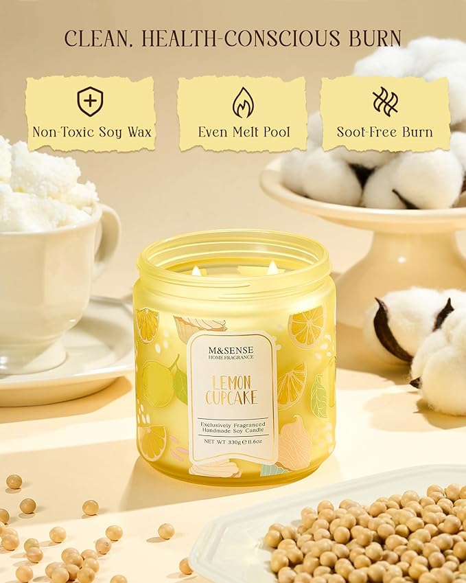 M&SENSE Lemon Cupcake Scented Candle, 11.6oz Natural Soy Wax, 70 Hours Long Lasting Clean Burn, Zesty Citrus Vanilla Aroma for Kitchen Freshness, Holiday Gifts Home Decor