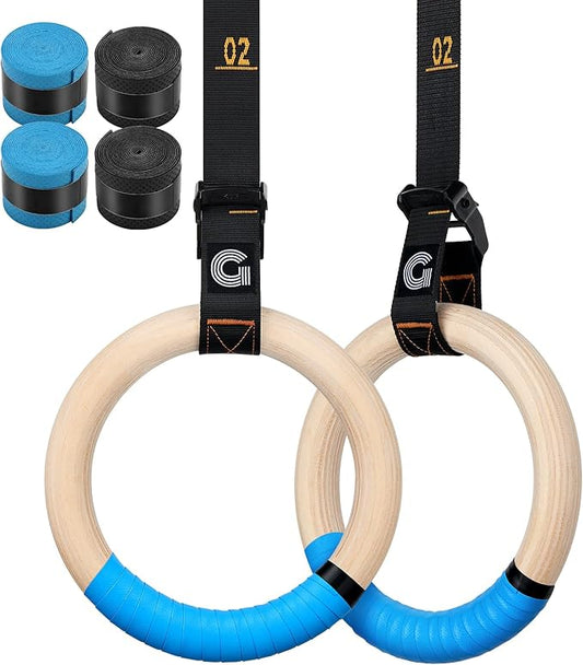 Gonex Wooden Gymnastic Rings with Adjustable Number Straps, Olympic Rings for Gym, Workout, Exercise, Outdoor Training, Quick Install Carabiner, 8.5 ft Straps Pull Up Non-Slip Rings