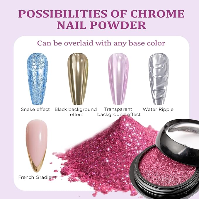 Chrome Nail Powder, 12 Colors Metallic Mirror Powder Gold Silver Blue Purple Red Pink Brown Nail Art Decoration Glitter for DIY Nail Supplies, 1g/Jar, 12 Sponge Sticks