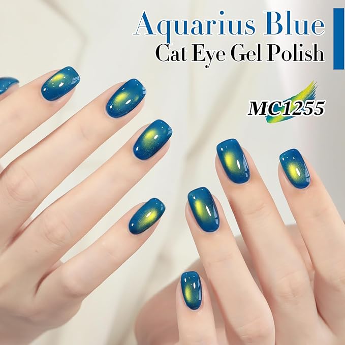 Double Rhythm Jelly Glass Cat Eye Gel Polish with Magnet 15ML Holographic Glitter Shimmer Translucent Sheer Color Magnetic Nail Polish Salon DIY at Home (Golden Blue-MC1255)