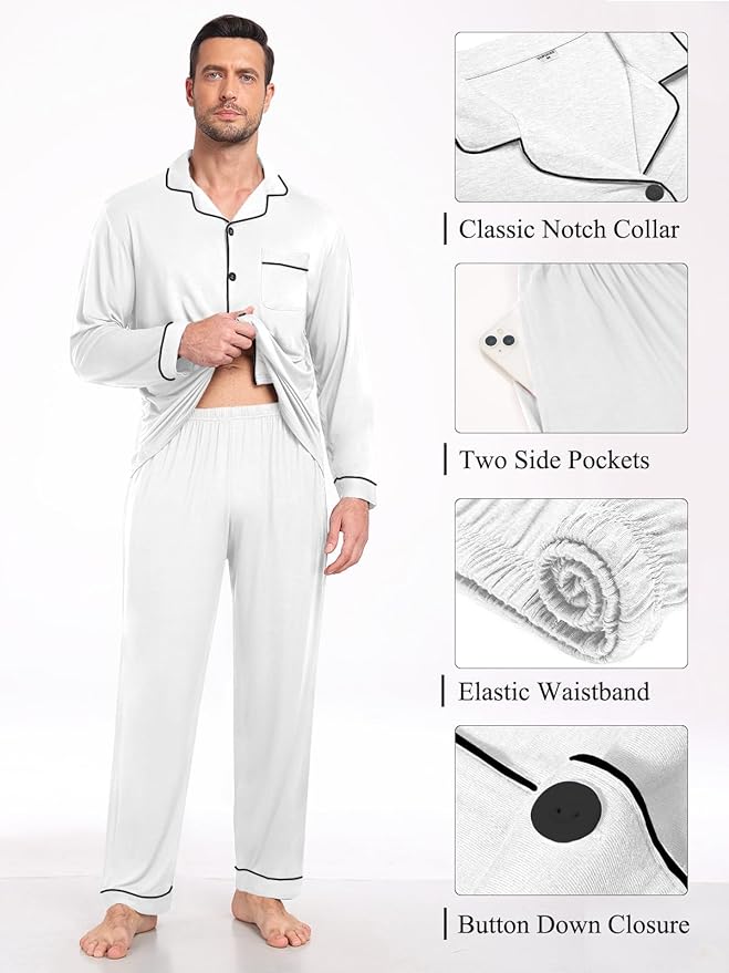 Men Modal Pajama Set Long Sleeve Pjs Button Down Sleepwear Soft Comfy Loungewear Sets 2 Piece Nightwear S-3XL
