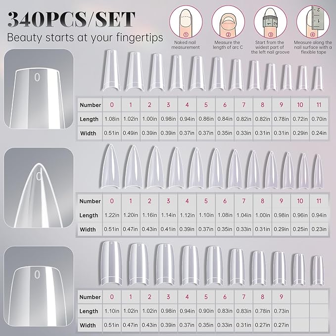 krofaue 3 Styles False Nail Tips Kit,340PCS Clear Coffin French Stiletto Nail Tips Half Cover Acrylic Artificial Press on Nails for Nail Extension Soft Gel Tips Art DIY