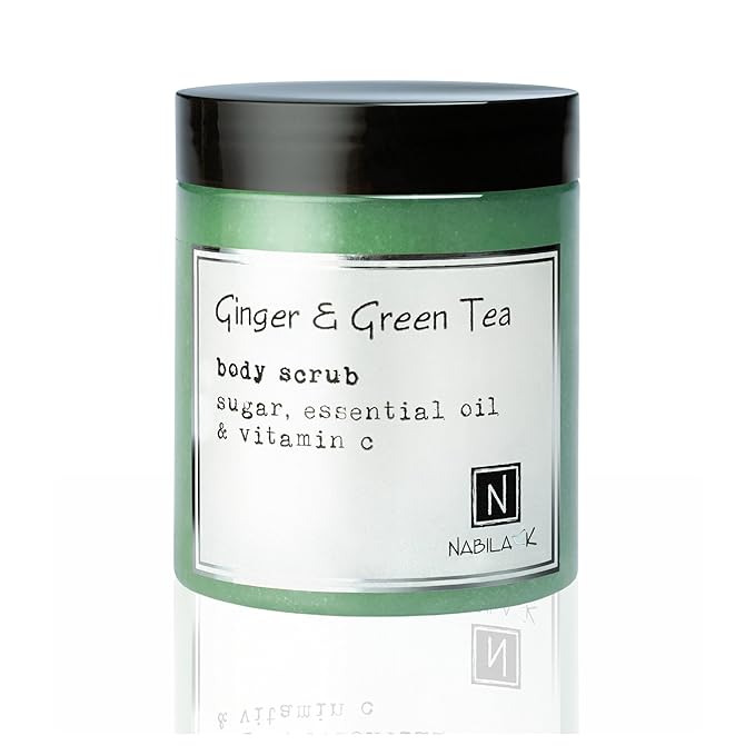 Ginger & Green Tea Body Scrub Made in USA with Essential Oil and Vitamin C by Nabila K - Exfoliate and Moisturize for Smooth Skin - Luxury for Women & Men, 10 oz