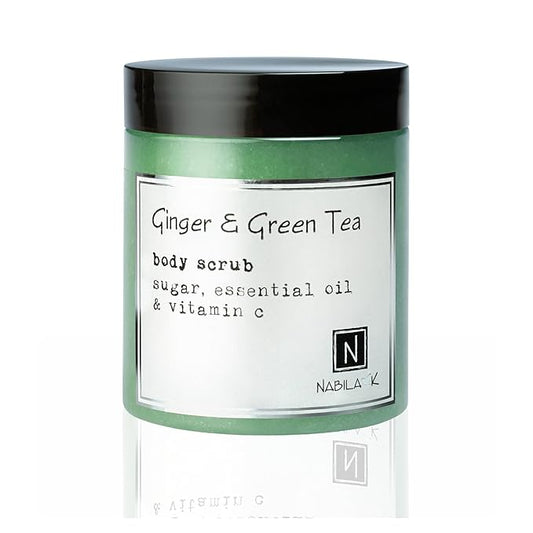 Ginger & Green Tea Body Scrub Made in USA with Essential Oil and Vitamin C by Nabila K - Exfoliate and Moisturize for Smooth Skin - Luxury for Women & Men, 10 oz