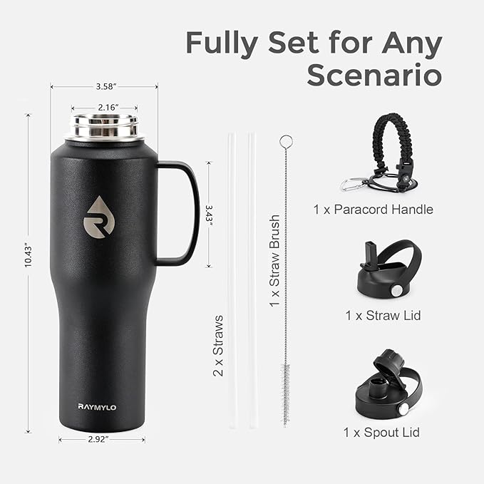 32oz Stainless Steel Water Bottle (Cold for 48 Hrs, Hot for 24 Hrs), Triple Wall Vacuum Insulated Water Bottle with Straw Lid, Spout Lid and Paracord Handle, Leakproof, Fit in Any Car Cup