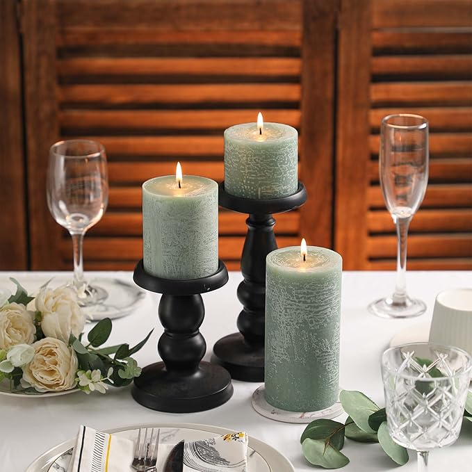 3x3 Inch Sage Green Pillar Candles - Set of 3, Long Clean Burning, Smokeless Dripless Candles for Spring Home Decor, Dinner Table, Bathroom, Rustic Decor