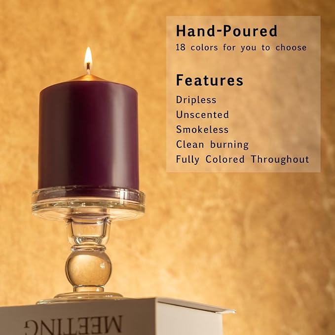 MOZEAL 3" x 4" Hand-Poured Unscented Purple Pillar Candles,Dripless Candles Set of 3,Smokeless,Clean Burning,Approx 60 Hours Burn Time,Wedding,Dinner,Christmas and Home Decor（3 Inch Width Series）
