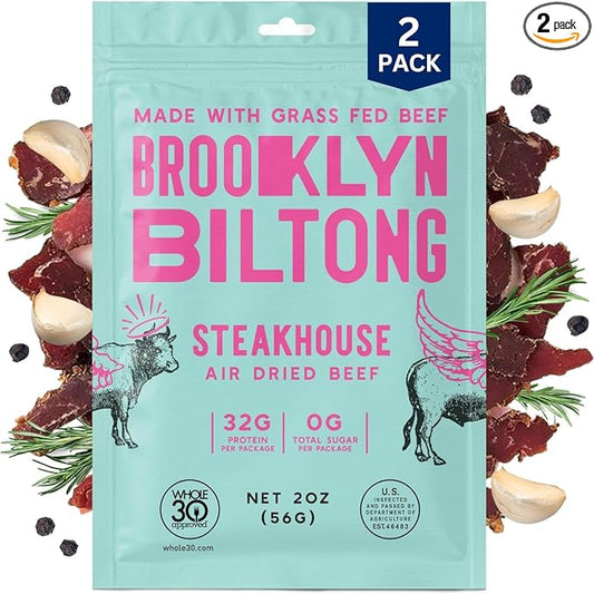 Brooklyn Biltong Air Dried Grass Fed Beef Snack, South African Beef Jerky (2 oz, Pack of 2) - Whole30 Approved, Paleo, Keto, Gluten Free, Sugar Free, Made in USA - (Steakhouse)