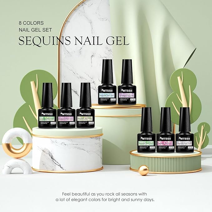 MTSSII Jelly Glitter Gel Nail Polish Set 8 Pcs Transparent Glass Flowinglight Gel Polish Sheer Shiny Sequins Pink Blue Green Purple Gel Nail Kit for Nail Art DIY Manicure at Home