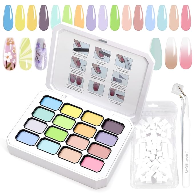 Gradient Painting Gel, 16 Colors Ombre Gel Nail Polish with 100Pcs Nail Sponges &Tweezers for Pigmented Pat Aura Nails French Manicure Soak Off UV Long-lasting Palette Cloud Fluff