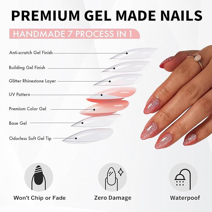 Glitter Red Press on Nails Almond with Sparkling Diamond - Soft Gel Fake Nails Short with Glue, Glossy Glue On Nails for Women Gift in 16 Sizes - 32 Reusable Nails, Starlight Red Orange