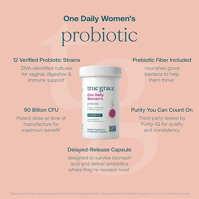 True Grace One Daily Women’s Probiotic - 60 Vegetarian Capsules - 90 Billion CFU - Digestive, Vaginal & Immune Health - Gluten & Soy Free - 60 Servings