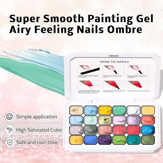 Sponges Pat Gel Nail Polish Palette, 24 Colors Blending Ombre Gel Polish Patting Gradient Painting Nails Art, No Wipe, UV/LED Cured, 100Sponges 1Grabber (Set A)
