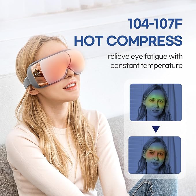 HubiCare Eye Massager with Heat, Vibration, and Music Helps Relieve Strain, Dark Circles, Dryness, and for Migraine Relief Relaxation and Better Sleep Gifts for Women/Men (White)