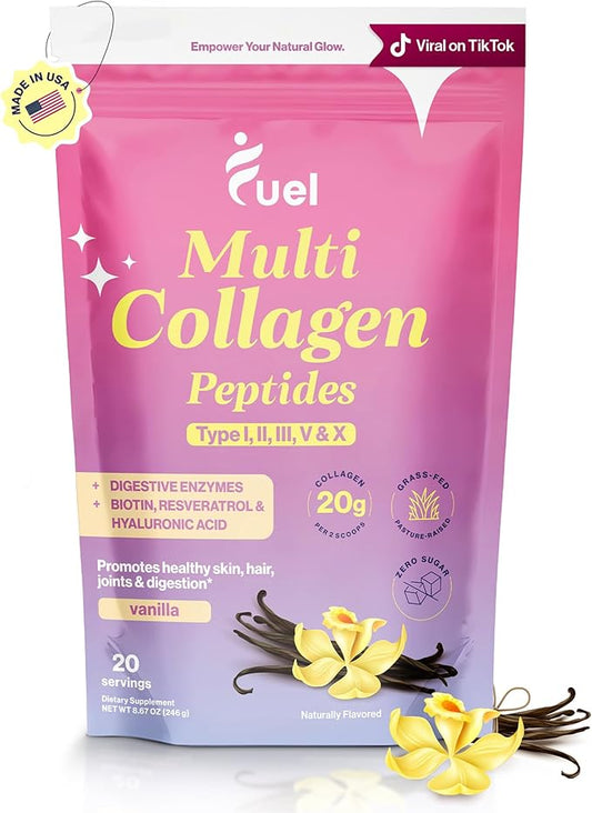 Fuel Multi Collagen Peptides Powder – 20g Hydrolyzed Collagen I, II, III, V & X for Hair, Skin, Nails & Joint Support – Better Absorption – Keto & Gluten Free, French Vanila 8.67oz