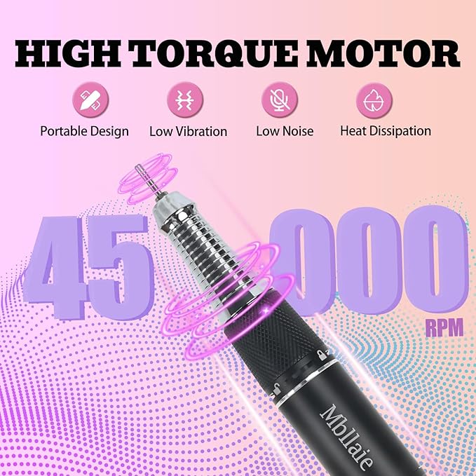 Professional Nail Drill File 45000RPM Electric Portable Nails Drills Kit with Rechargeable 7 uñas Bits Cordless Efile for Poly Gel Acrylic Nails Remover Home Salon Pedicure Manicure Tool (Black)