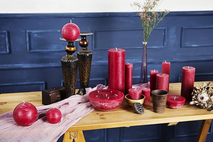 Set of 3 Pillar Candles 3" x 6" Unscented Handpoured Weddings, Home Decoration, Restaurants, Spa, Church Smokeless Cotton Wick - Burgundy