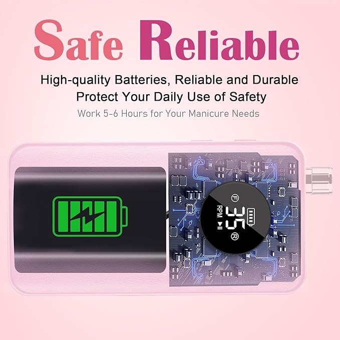 Nail Drill Kit Professional 35000RPM, Cordless Electric Nail File Drills Machine Uñas, Portable Rechargeable Efile 7 Bit Manicure Pedicure for Acrylic Nails Gel Remover Salon Home Tools, Pink