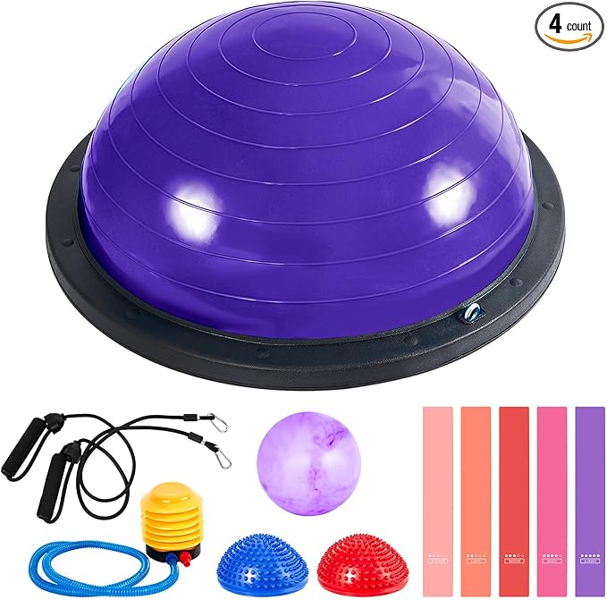 Honoson Half Ball Trainer Yoga Ball with Resistant Band Foot Pump Set, Half Exercise with Fitness Elastic Belt Hedgehog Balance Pods for Core Stability Full Body Workout Gym
