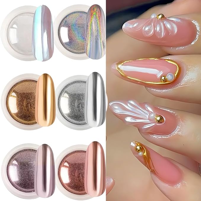 Chrome Nail Powder Set, 6 Colors Metallic Gold Silver Rose Pink White Mirror Nail Powder, Holographic Aurora Nail Glitter Pigment Nail Decoration