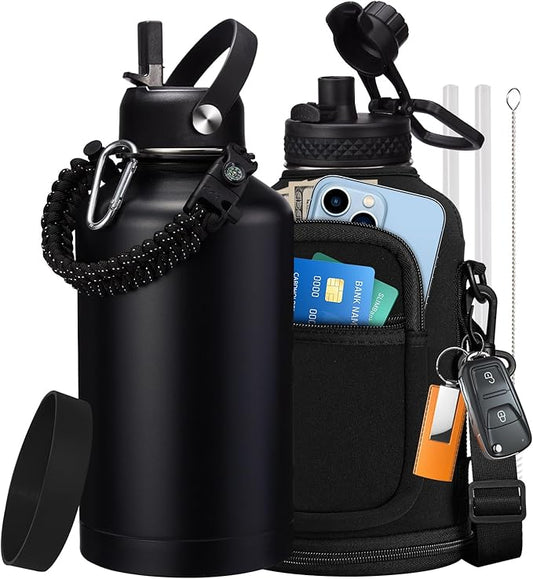 64 oz Insulated Water Bottle with Straw & Auto Spout Lids, Paracord Handle, Half Gallon Waterbottle Strap Carrier & Protective Boot, Wide Mouth Metal Canteen Thermo Mug, Leak-proof Sports Black Jug