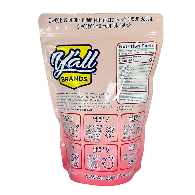 Y'all Sweet Tea - Raspberry Flavored Iced Tea Bags One Gallon Size in 10 Gallons Per Pack Quick Brew Southern Ice Tea with Bold Raspberry Flavor | As Seen on Shark Tank (Caffeinated)