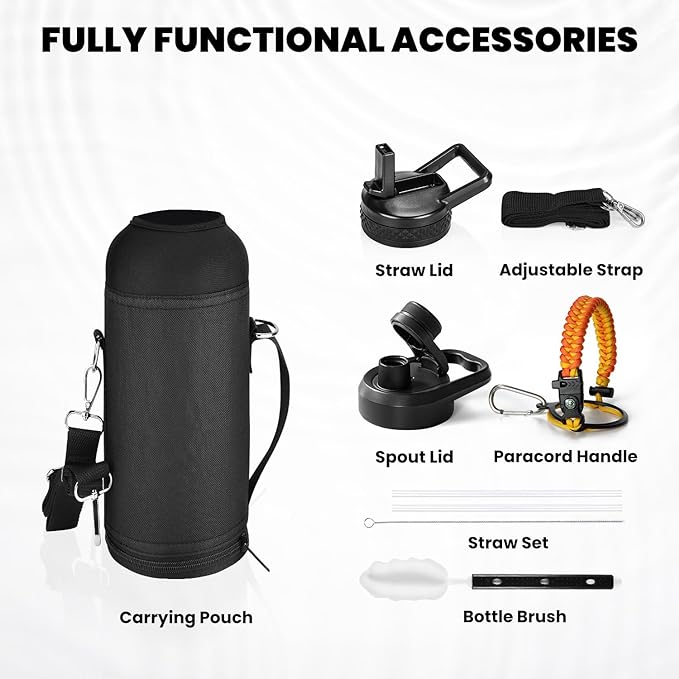 Insulated Water Bottle 40 oz, Triple Wall Vacuum Stainless Steel (Cold for 48 Hrs), Leak Proof & Non-BPA, Modern Water Flask Jug with Paracord Handle & Straw Spout Lids, Ombre Orange