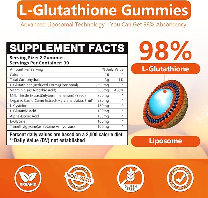 2 Packs 2500MG Liposome Glutathione Gummies, Composite L-Cysteine, Collocation Milk Thistle, Increas 98% Absorption Rate, Antioxidant Anti-Aginga