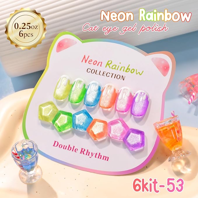 Double Rhythm 6 Colors Cat Eye Gel Polish Set Shimmer Glitter with Magnet Holographic Reflective Magnetic UV Nail Art Kit (6-Kit-53)