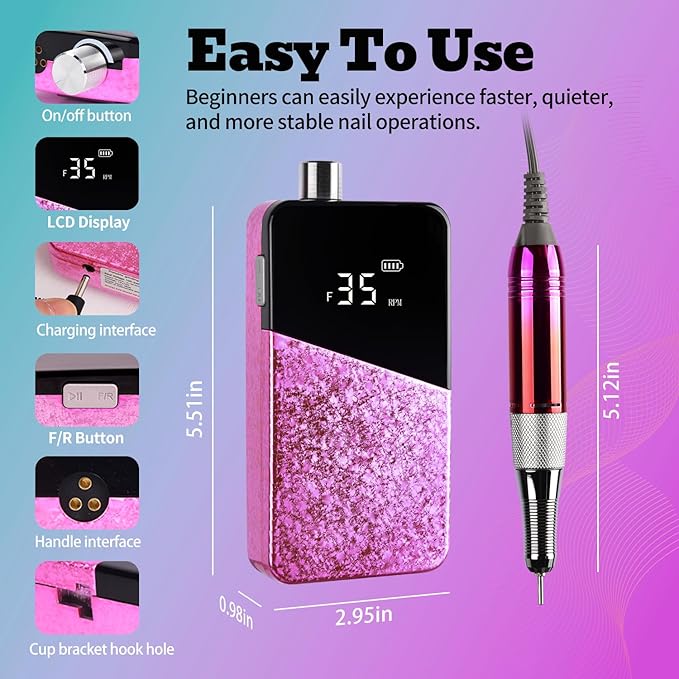 Electric Nail Drill Machine 35000RPM Professional Portable Nail File Cordless Rechargeable Nail Efile for Acrylic Gel Nails Manicure Pedicure Polishing Shape Tools for Salon Home Use (Snowflake Pink)